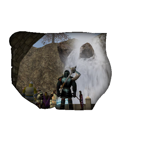 Recovered original artwork of adventurers beside a waterfall